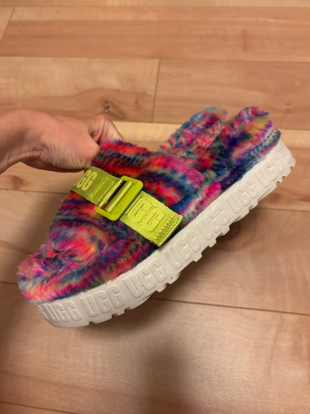 Ugg fluffita pixelate slide on platform slippers